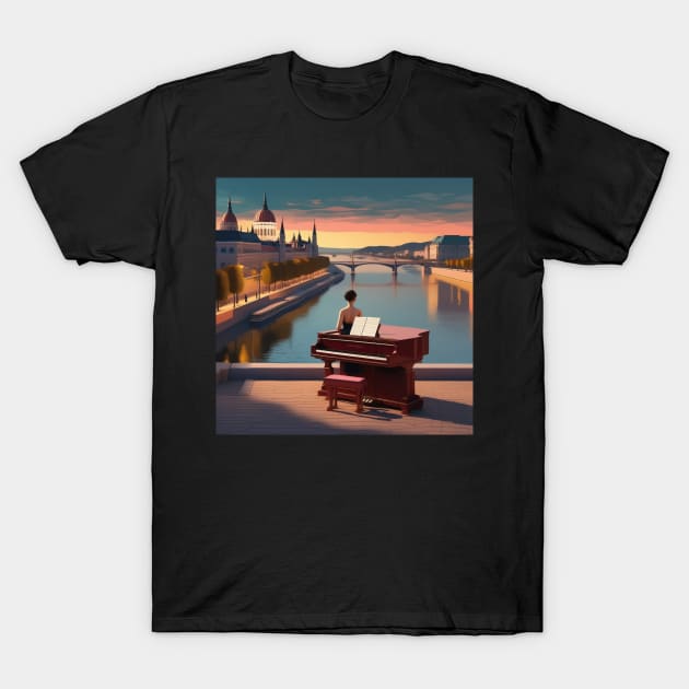 A Pianist Ready To Perform By The River Danube In Budapest Hungary T-Shirt by Musical Art By Andrew